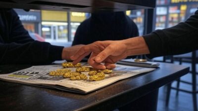 Ilustrasi transaksi emas ilegal di sebuah warung kopi, salah satu modus kamuflase jaringan mafia tambang di Kalbar untuk mengelabui hukum dan publik.